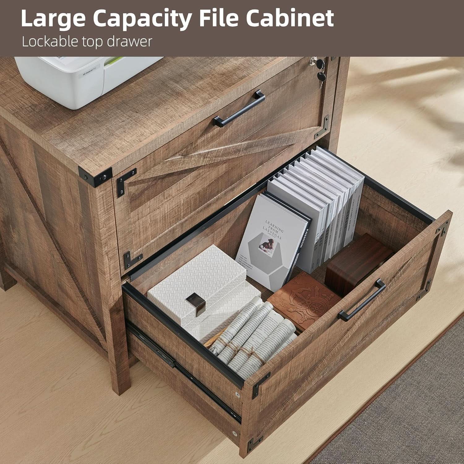 Two Drawer Farmhouse Filing Cabinet For Home Office Durable Engineered Wood Storage