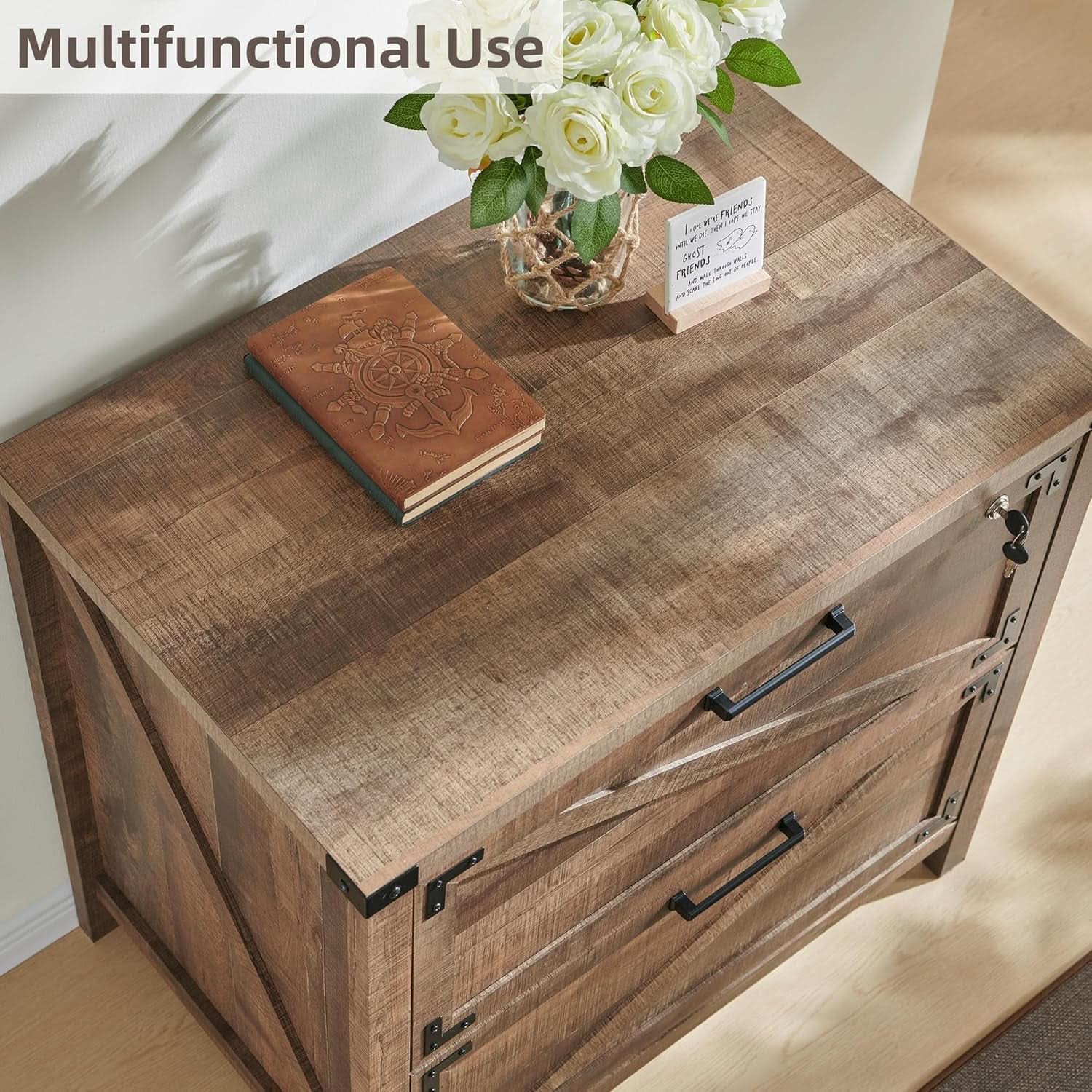 Two Drawer Farmhouse Filing Cabinet For Home Office Durable Engineered Wood Storage