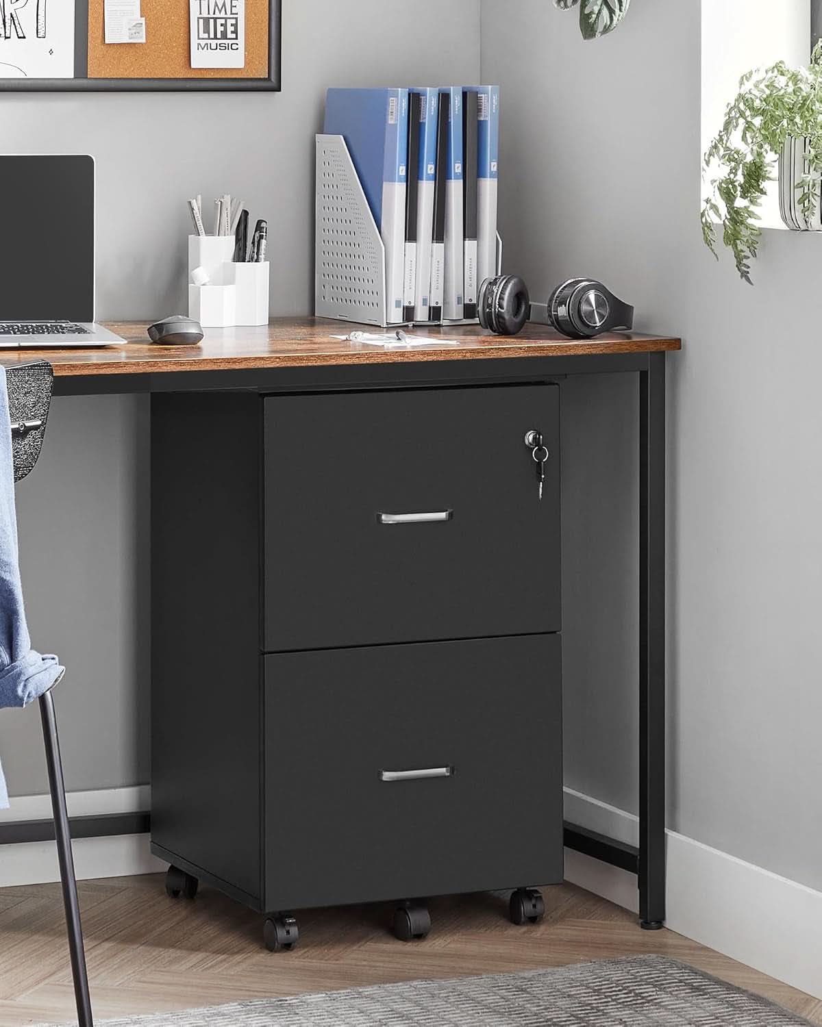 Two Drawer File Cabinet For Home Office A4 Size Black Honey Finish Space Saving Design