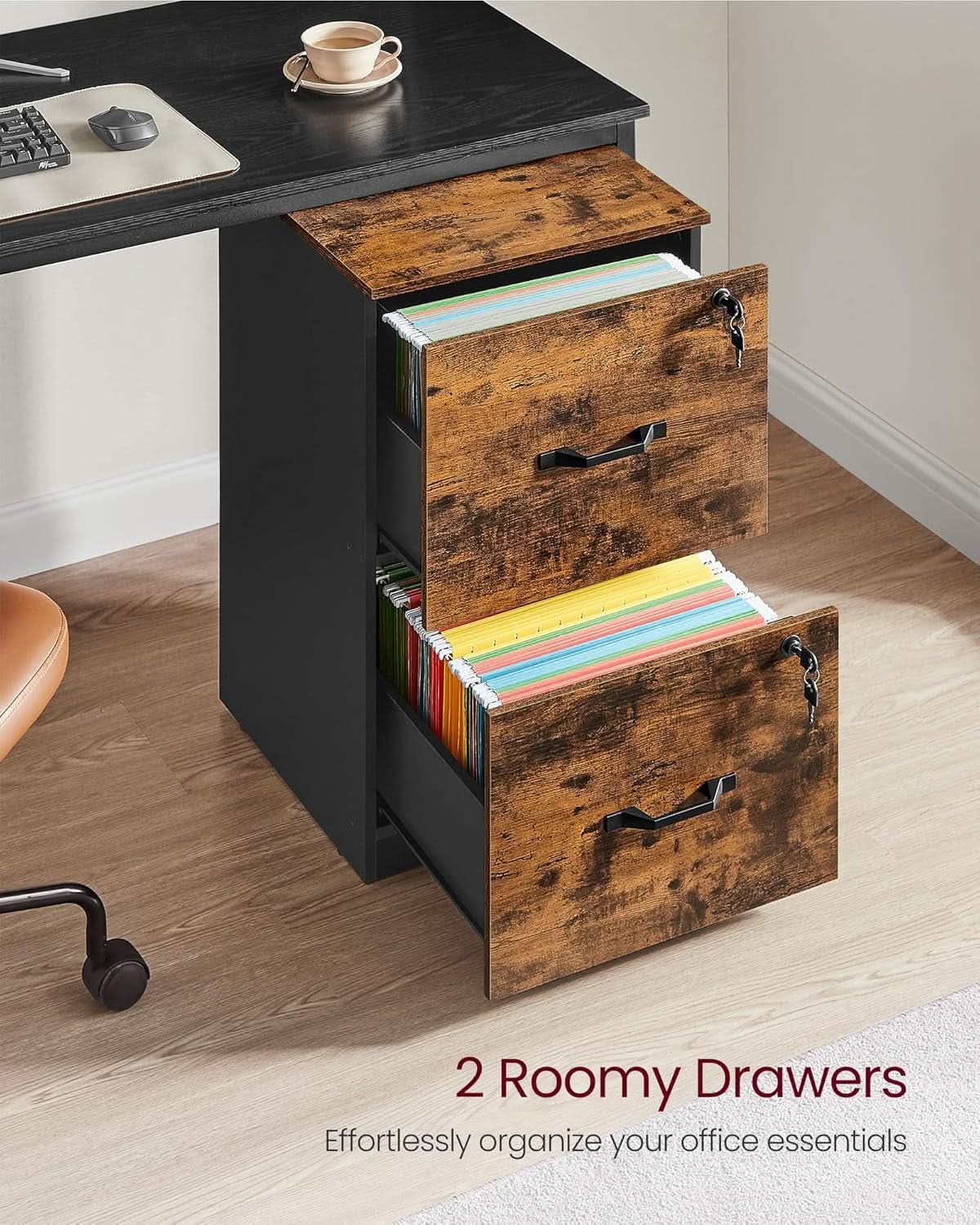 Two Drawer File Cabinet With Lock Printer Stand For A4 And Letter Size Files Rustic Brown And Black