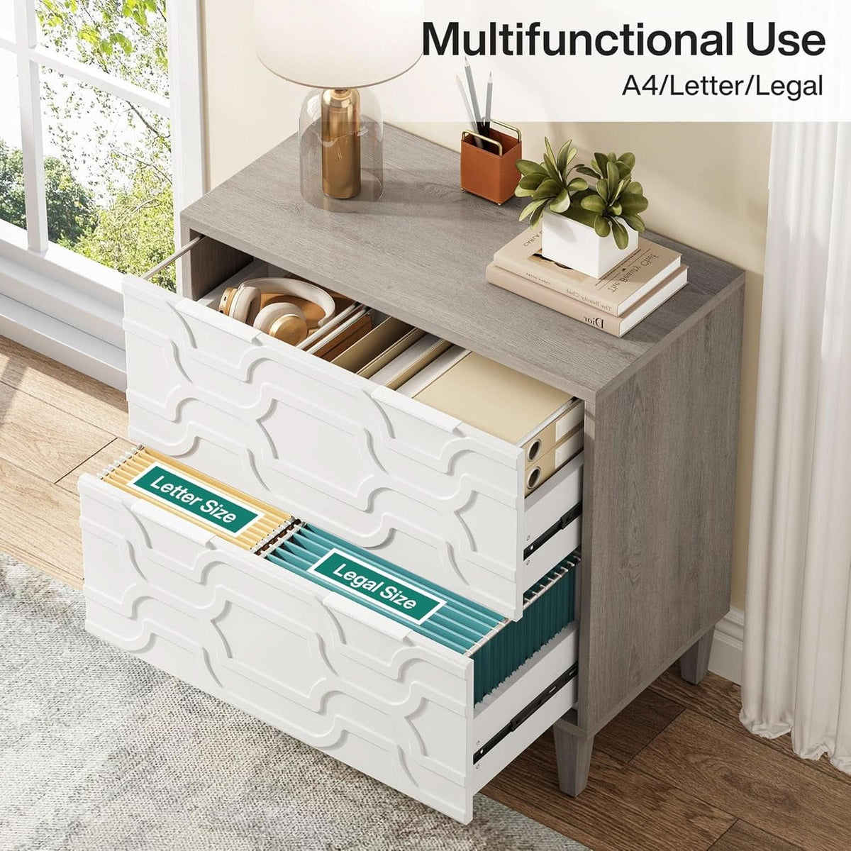 Two Drawer Lateral File Cabinet White And Gray For A4 Letter Legal Size Files Printer Stand