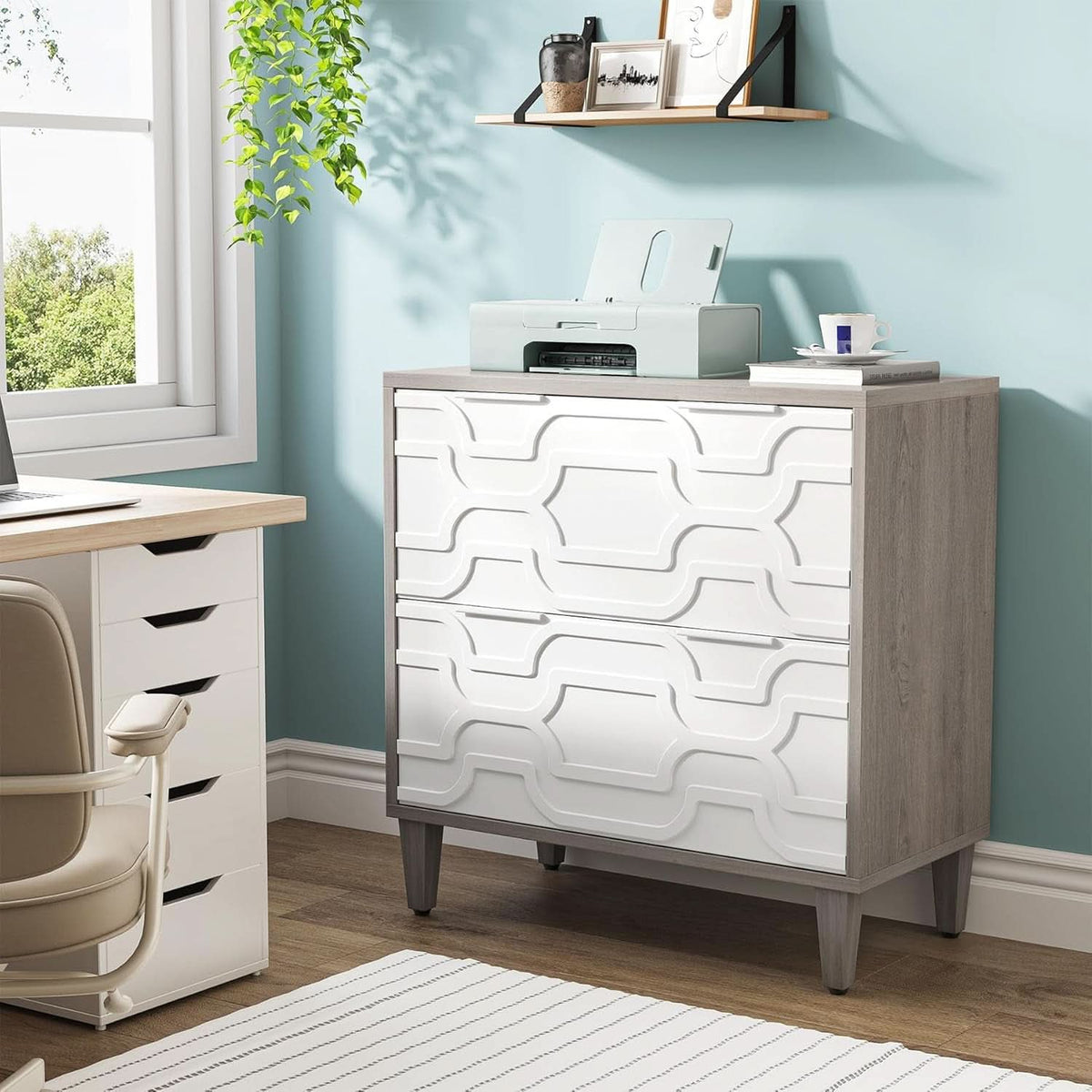 Two Drawer Lateral File Cabinet White And Gray For A4 Letter Legal Size Files Printer Stand