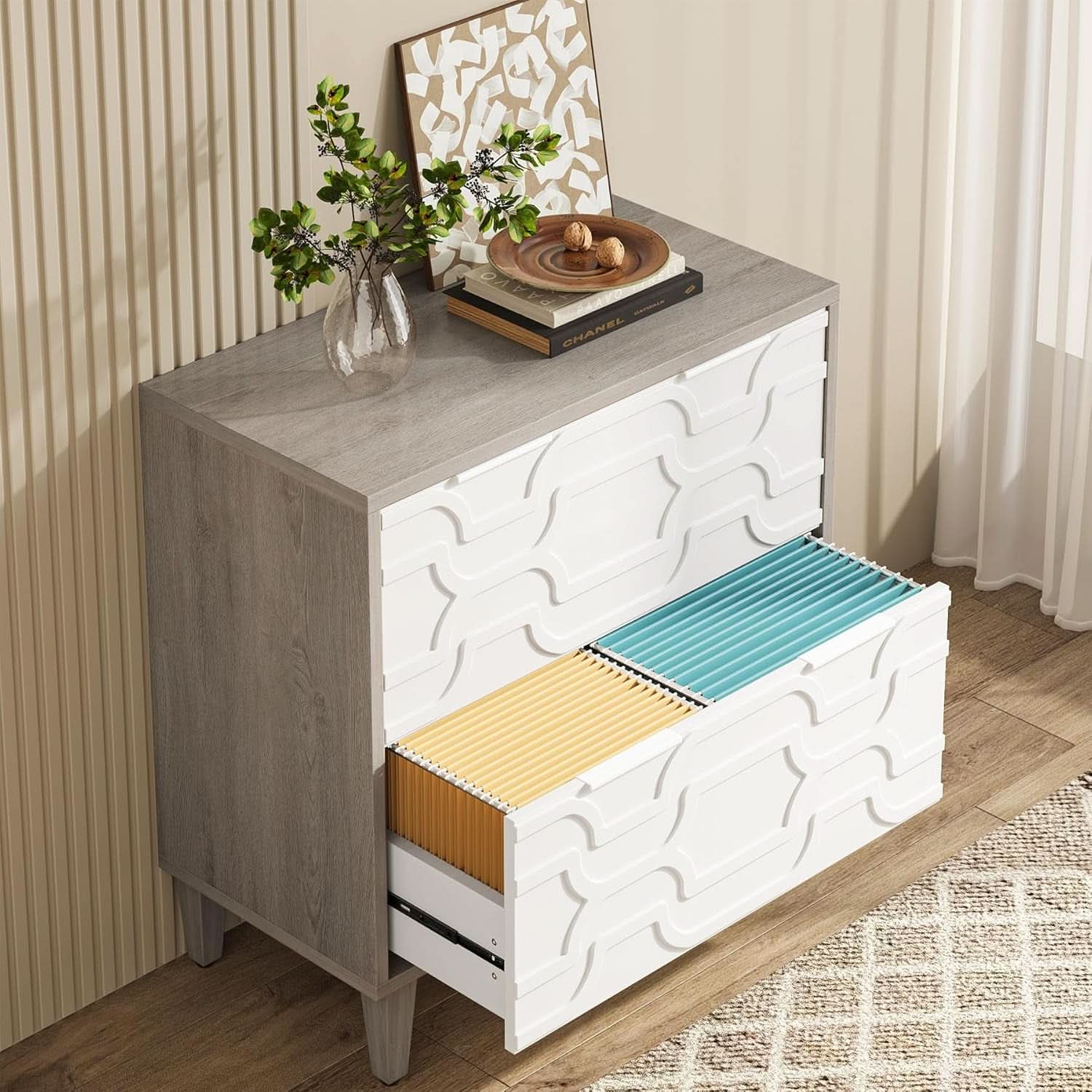 Two Drawer Lateral File Cabinet White And Gray For A4 Letter Legal Size Files Printer Stand