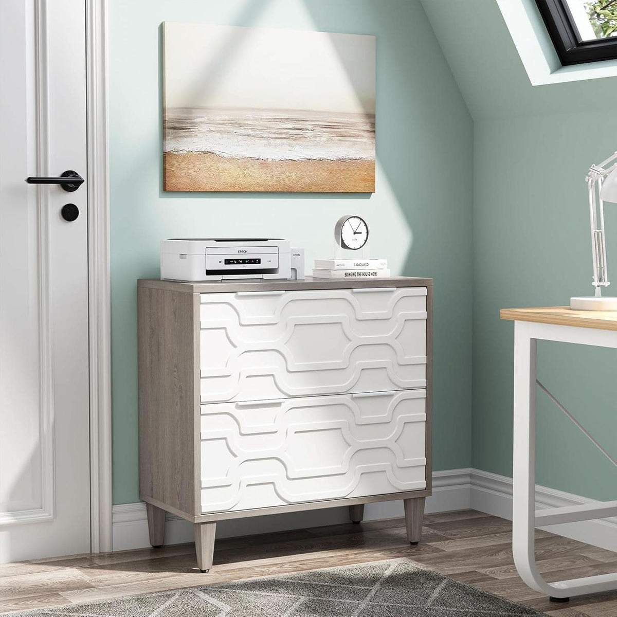 Two Drawer Lateral File Cabinet White And Gray For A4 Letter Legal Size Files Printer Stand