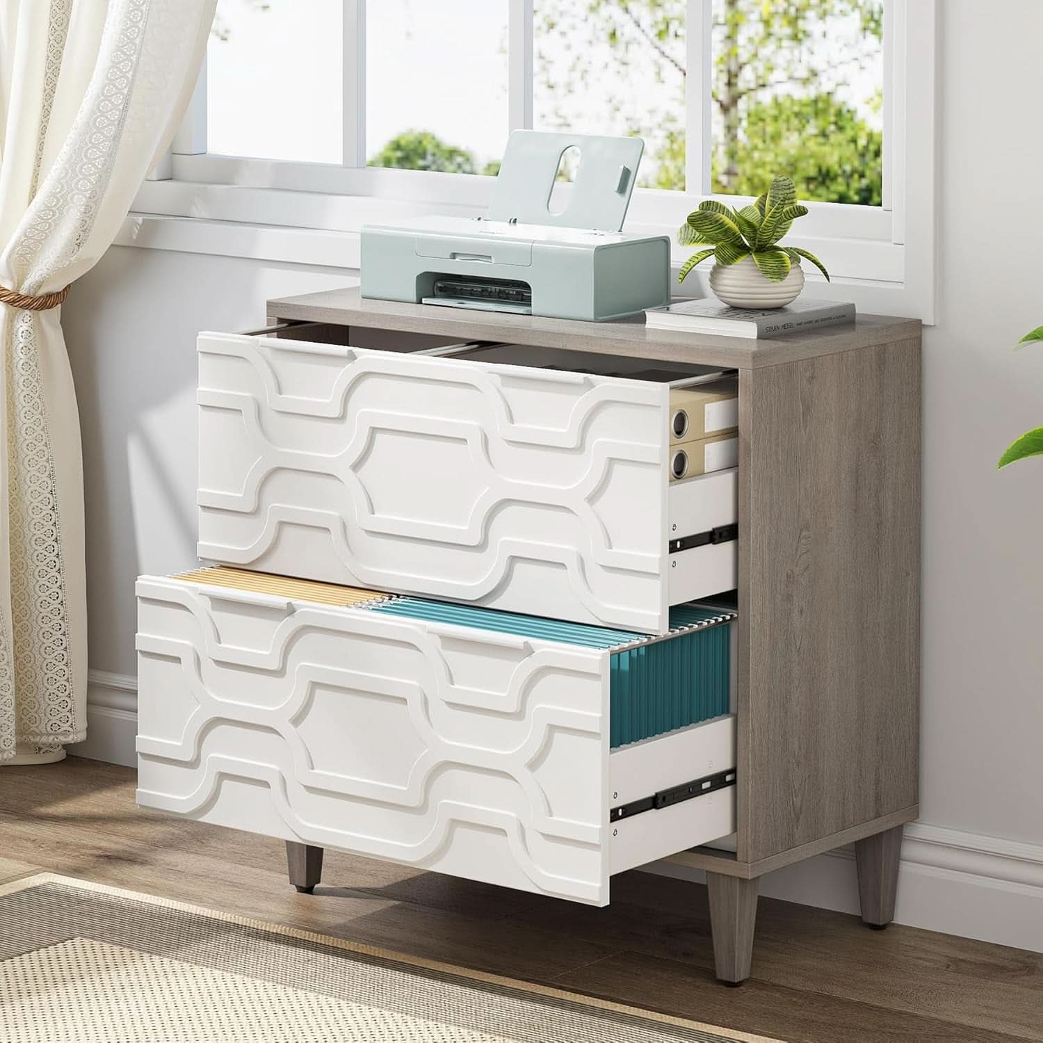 Two Drawer Lateral File Cabinet White And Gray For A4 Letter Legal Size Files Printer Stand
