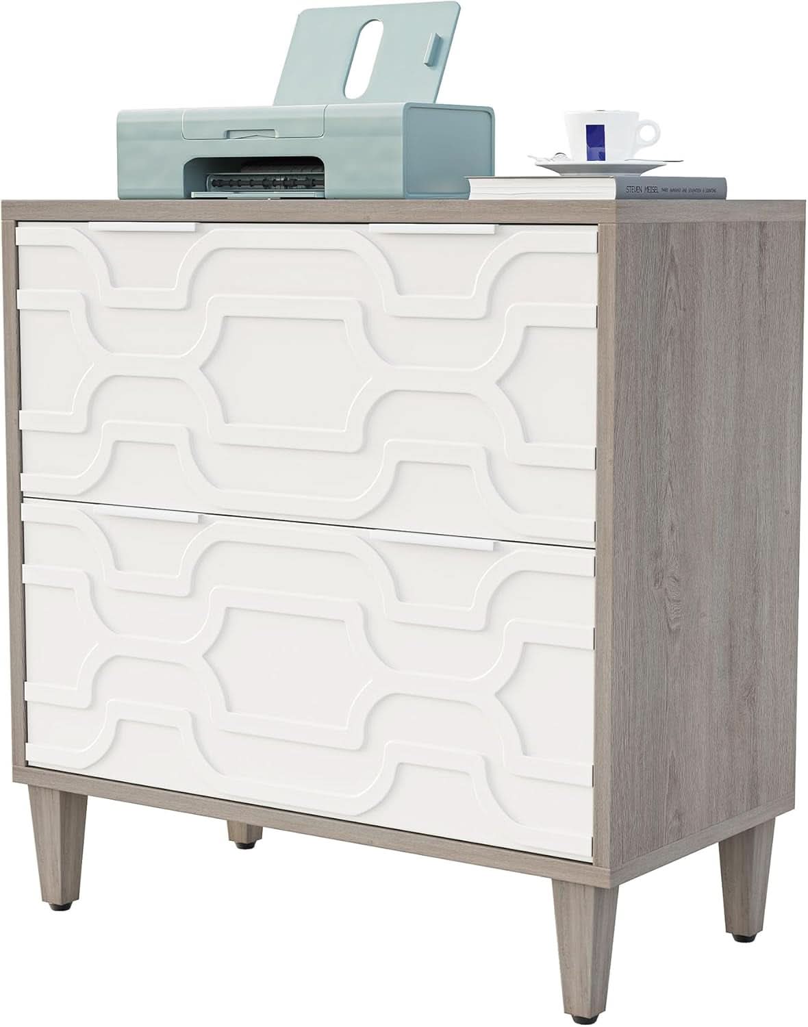 Two Drawer Lateral File Cabinet White And Gray For A4 Letter Legal Size Files Printer Stand