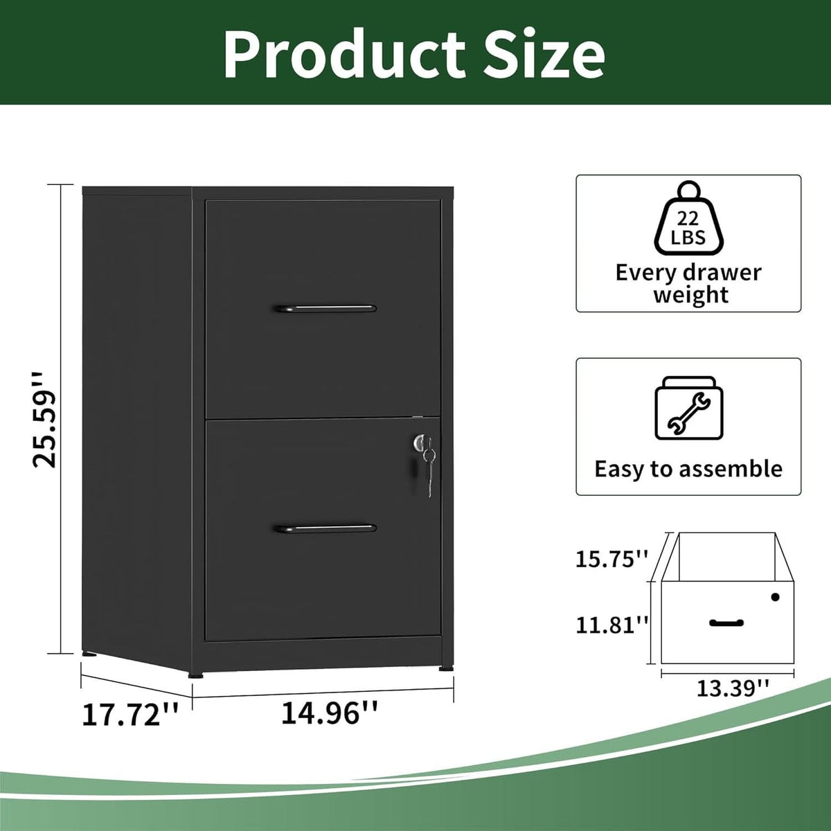 Two Drawer Locking Steel File Cabinet for Home Office Vertical Letter Size Black