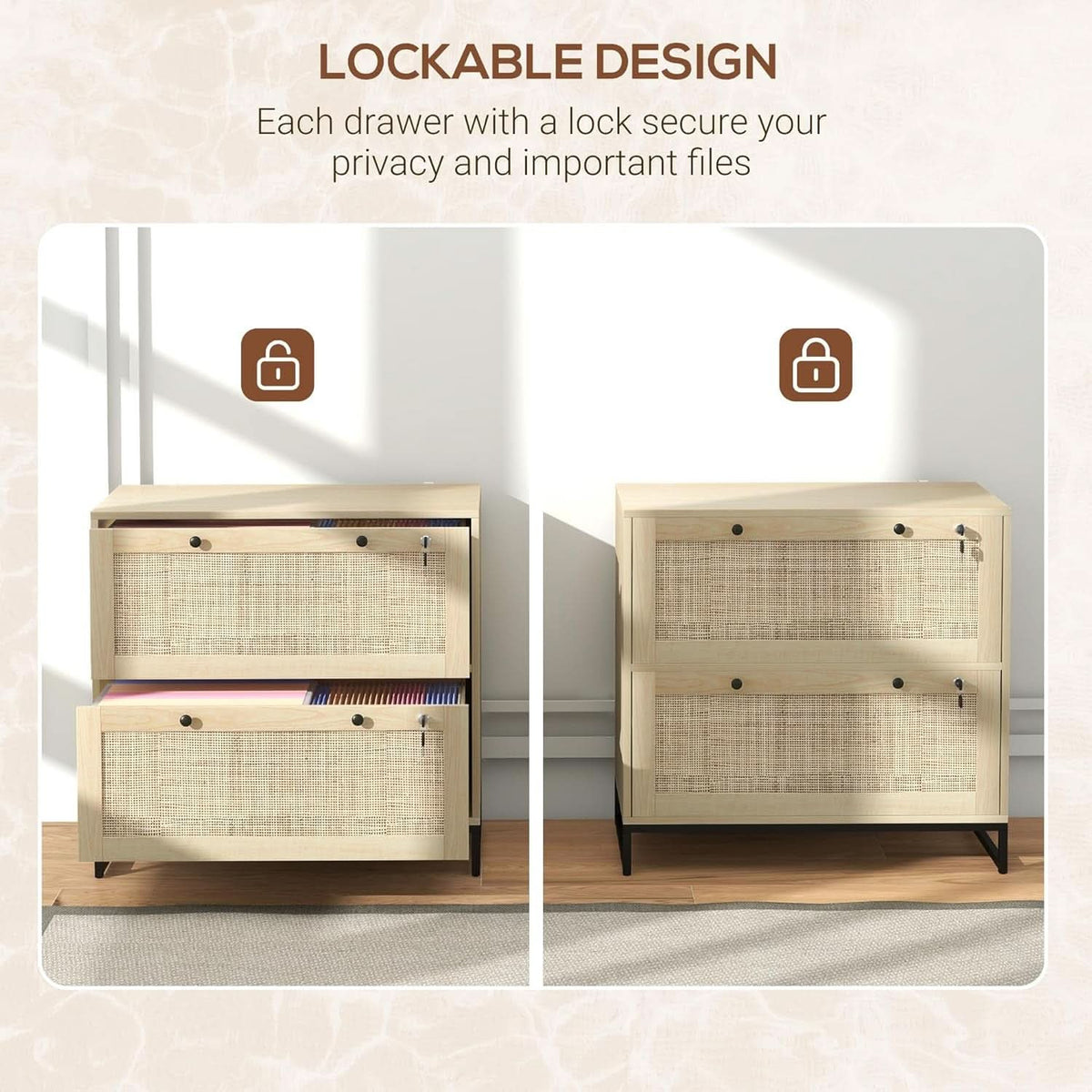 Two Drawer Rattan File Cabinet With Lock, Printer Stand And Adjustable Bars For Letter A4 Legal Files Natural Finish