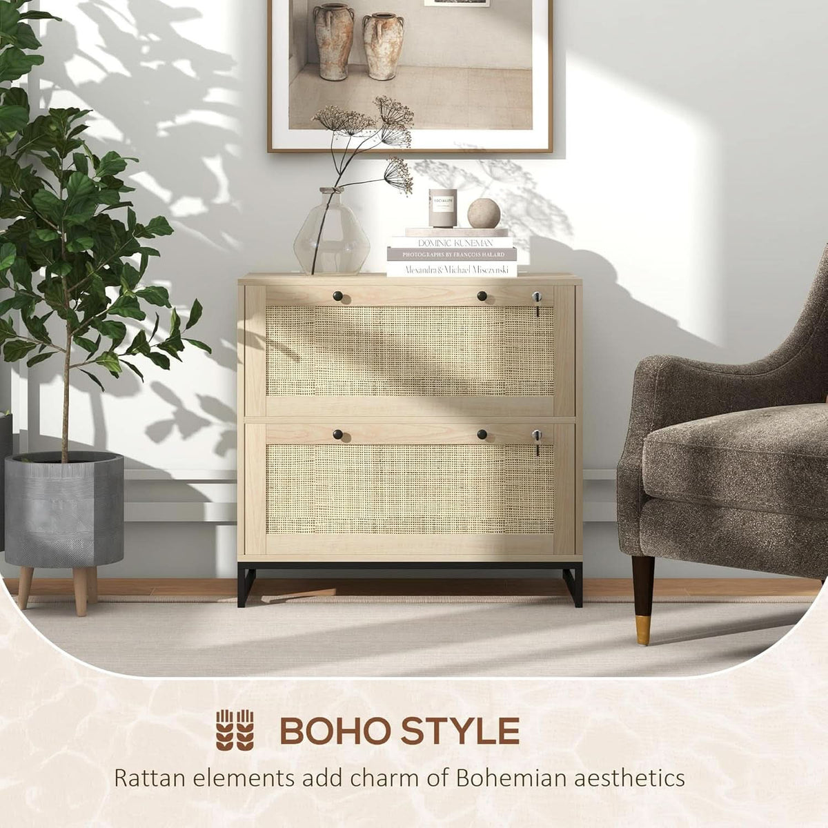 Two Drawer Rattan File Cabinet With Lock, Printer Stand And Adjustable Bars For Letter A4 Legal Files Natural Finish