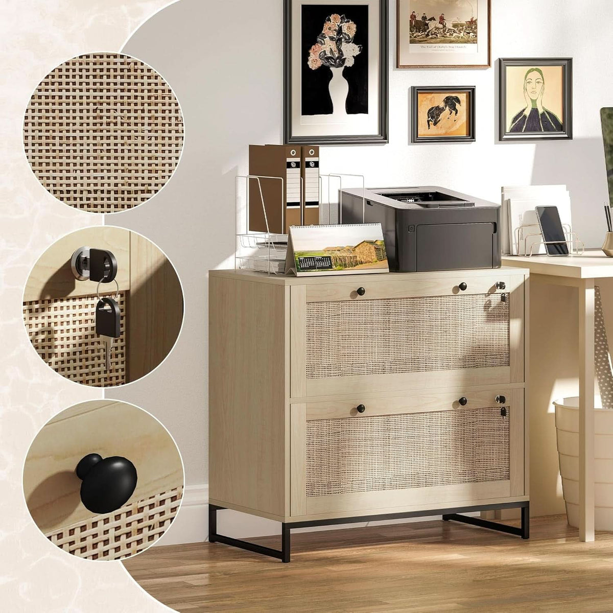 Two Drawer Rattan File Cabinet With Lock, Printer Stand And Adjustable Bars For Letter A4 Legal Files Natural Finish