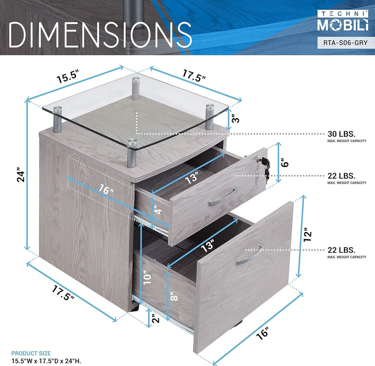 Two Drawer Rolling File Cabinet With Lock And Glass Top Under Desk Printer Stand Grey Office Furniture