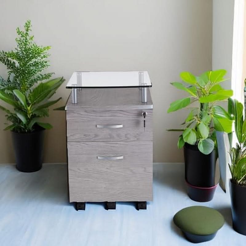 Two Drawer Rolling File Cabinet With Lock And Glass Top Under Desk Printer Stand Grey Office Furniture