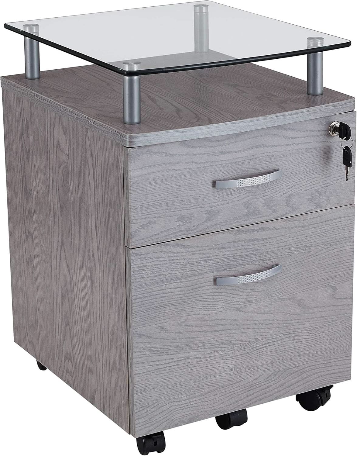 Two Drawer Rolling File Cabinet With Lock And Glass Top Under Desk Printer Stand Grey Office Furniture