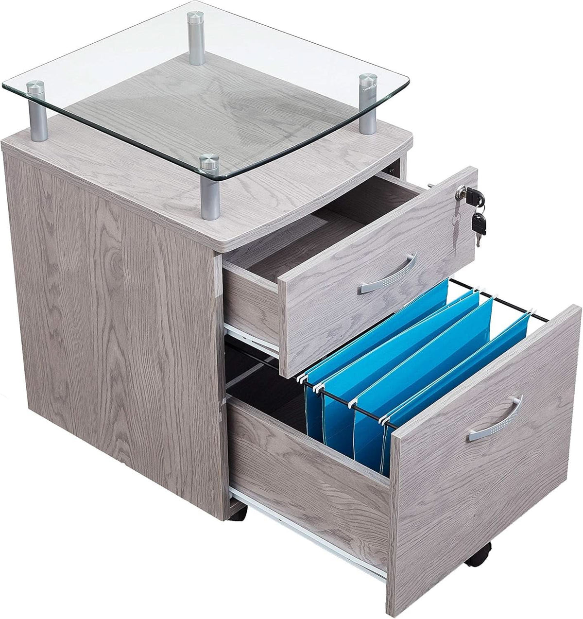 Two Drawer Rolling File Cabinet With Lock And Glass Top Under Desk Printer Stand Grey Office Furniture