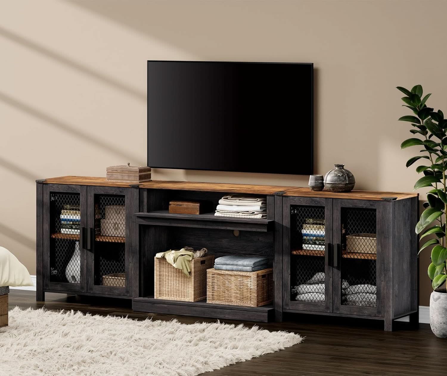 Two In One 100 Inch TV Stand Farmhouse Entertainment Center Dark Walnut And Black