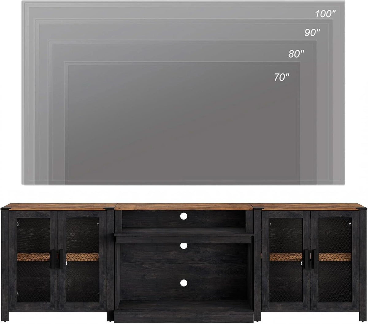 Two In One 100 Inch TV Stand Farmhouse Entertainment Center Dark Walnut And Black