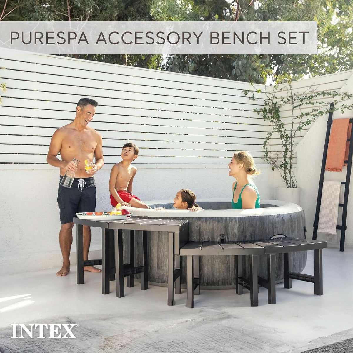Two Medium Height PureSpa Benches For Four Person Spas Featuring Curved Seating Set