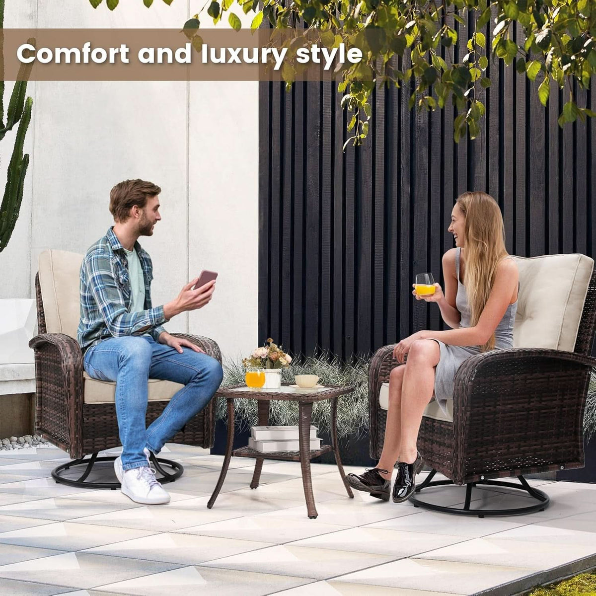 Two Outdoor Swivel Wicker Glider Patio Chairs With Table Set Brown Rattan And Beige Cushions