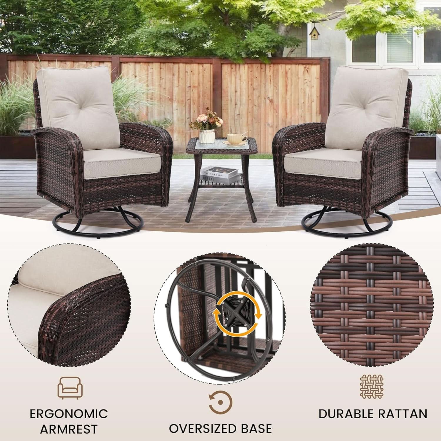 Two Outdoor Swivel Wicker Glider Patio Chairs With Table Set Brown Rattan And Beige Cushions