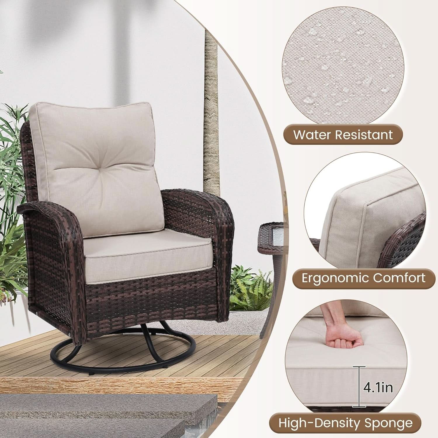 Two Outdoor Swivel Wicker Glider Patio Chairs With Table Set Brown Rattan And Beige Cushions