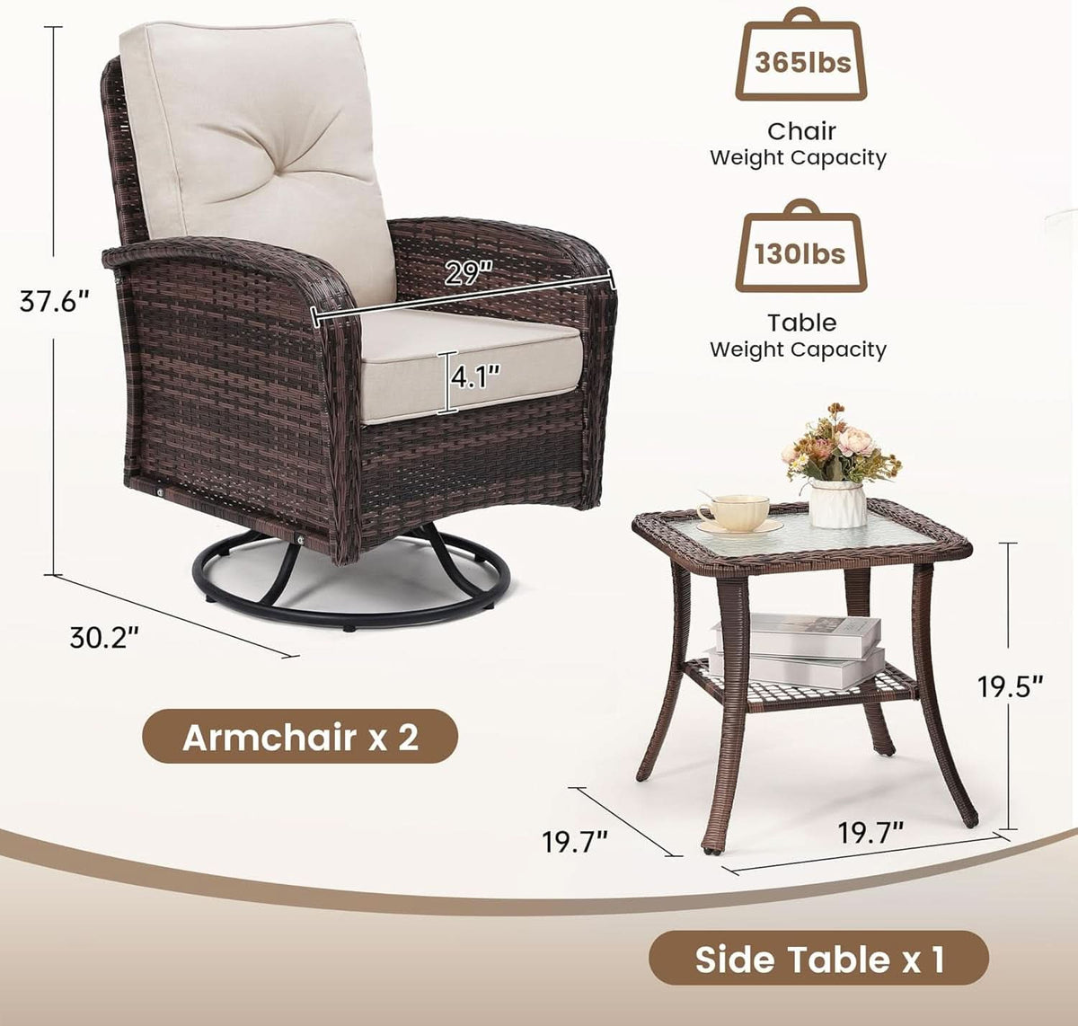Two Outdoor Swivel Wicker Glider Patio Chairs With Table Set Brown Rattan And Beige Cushions
