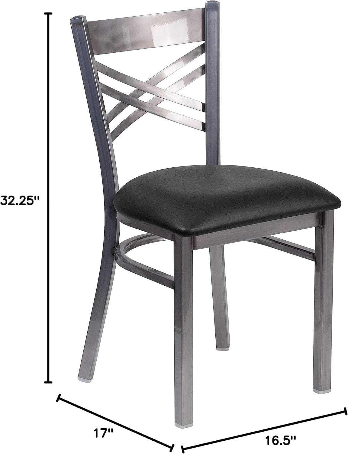 Two Pack Hercules Series Clear Coated X Back Metal Restaurant Chair Black Vinyl Seat