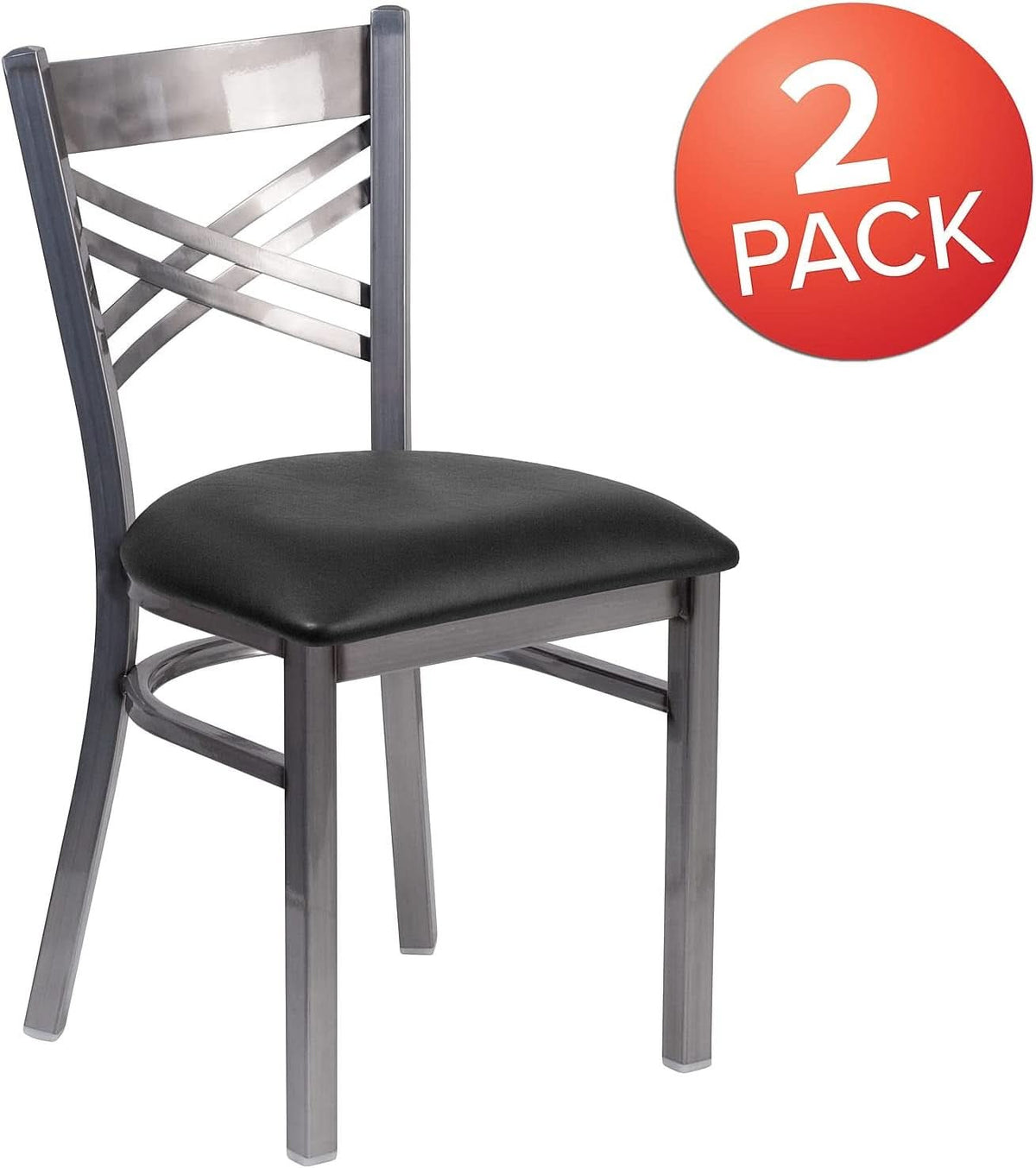Two Pack Hercules Series Clear Coated X Back Metal Restaurant Chair Black Vinyl Seat