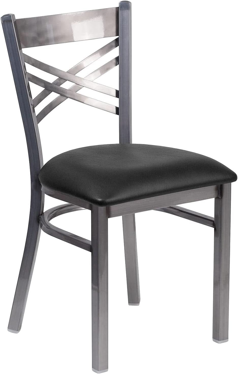 Two Pack Hercules Series Clear Coated X Back Metal Restaurant Chair Black Vinyl Seat
