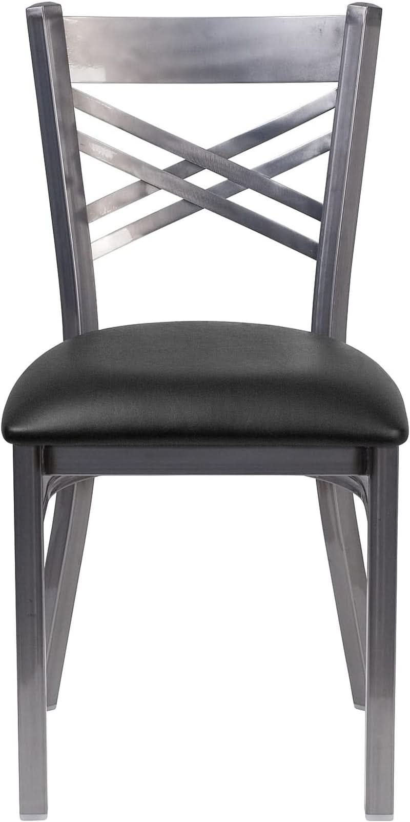Two Pack Hercules Series Clear Coated X Back Metal Restaurant Chair Black Vinyl Seat