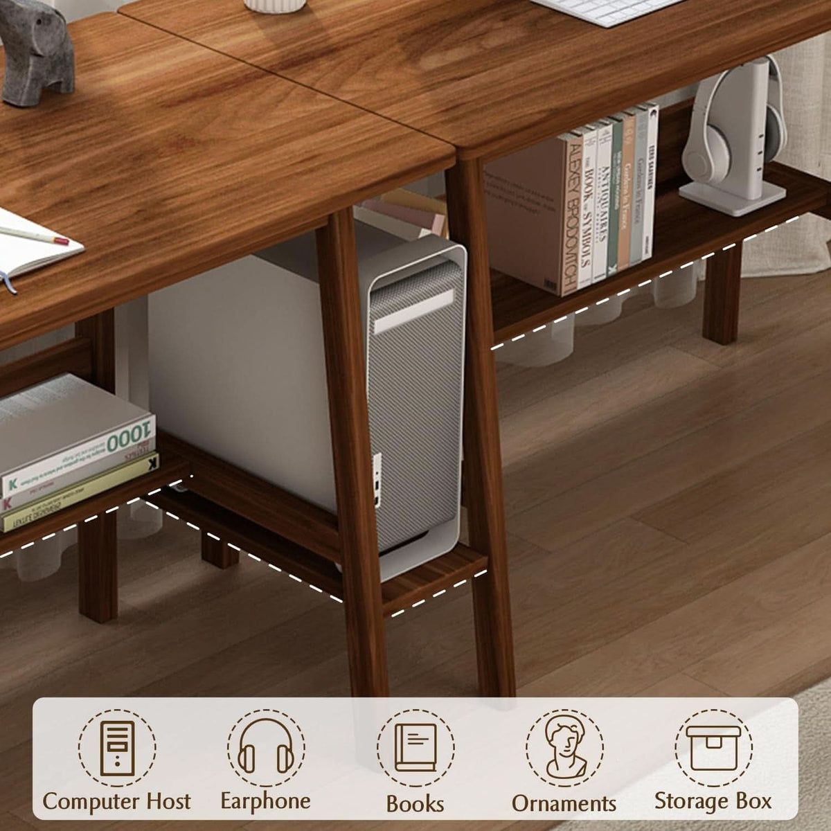 Two Person Desk Walnut 79 Inch Extended Workstation Shelves