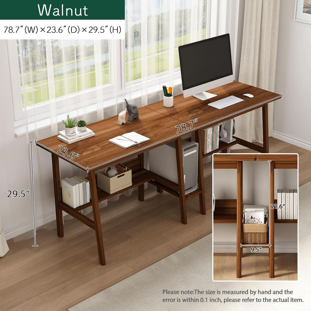 Two Person Desk Walnut 79 Inch Extended Workstation Shelves