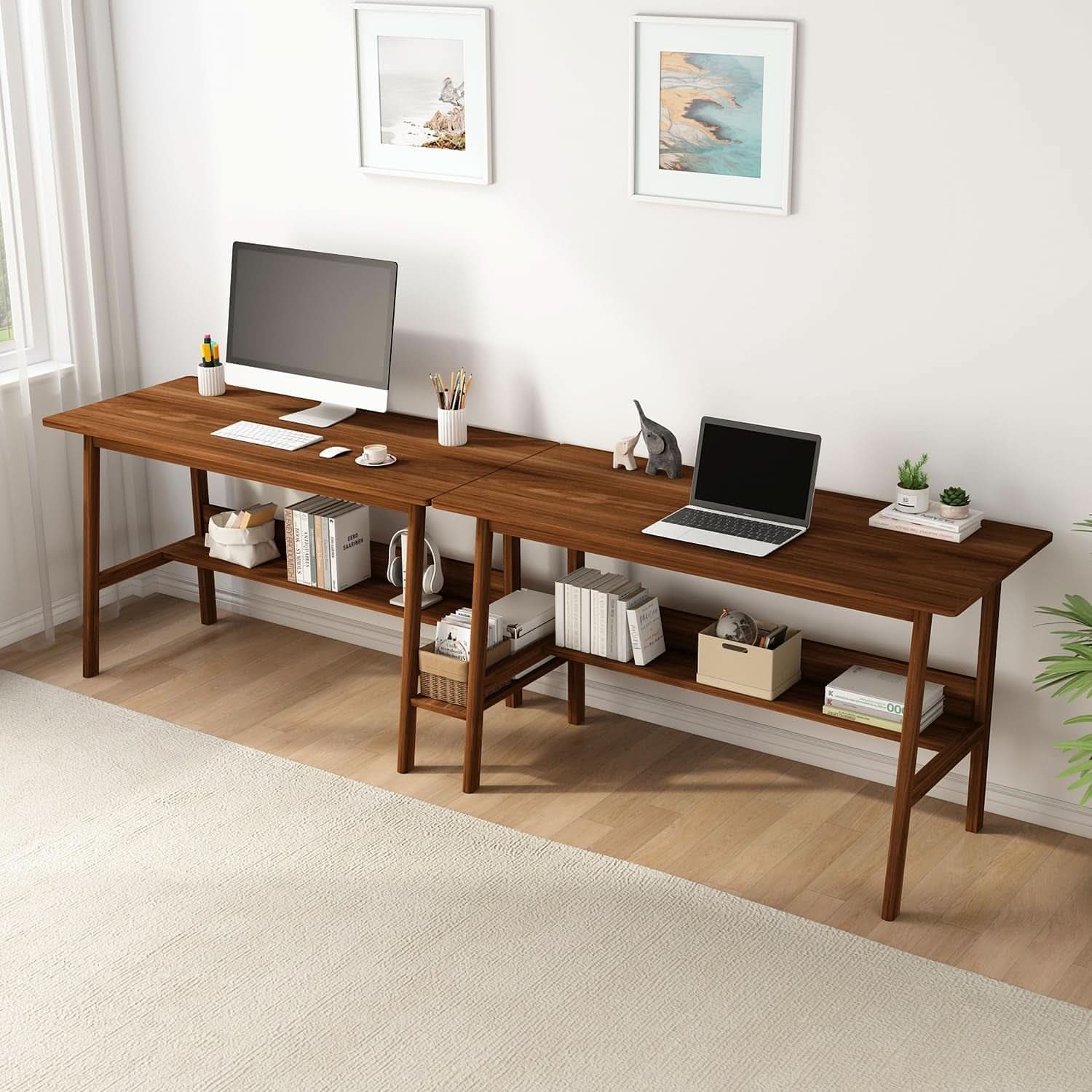 Two Person Desk Walnut 79 Inch Extended Workstation Shelves