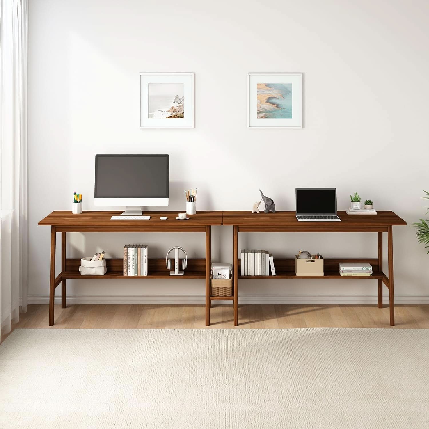 Two Person Desk Walnut 79 Inch Extended Workstation Shelves