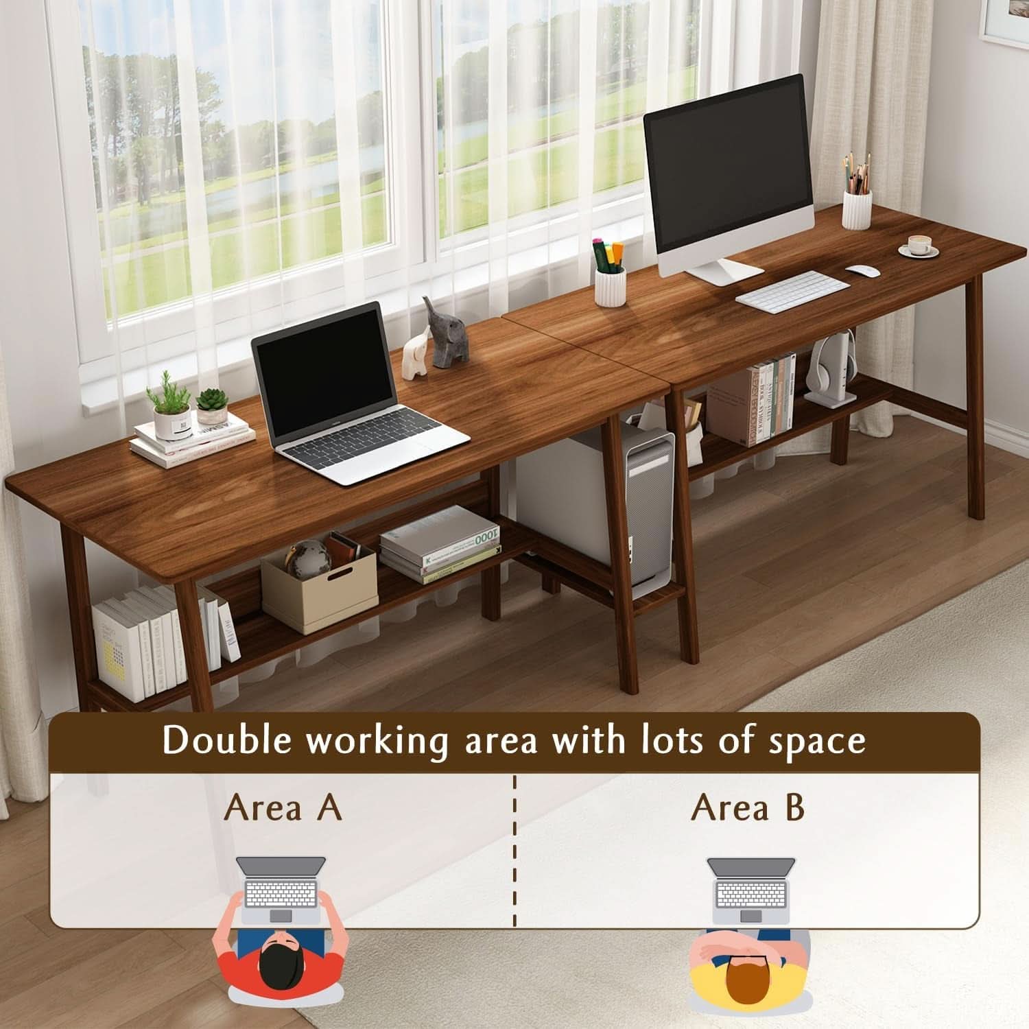 Two Person Desk With BuiltIn Bookshelf 79Inch White