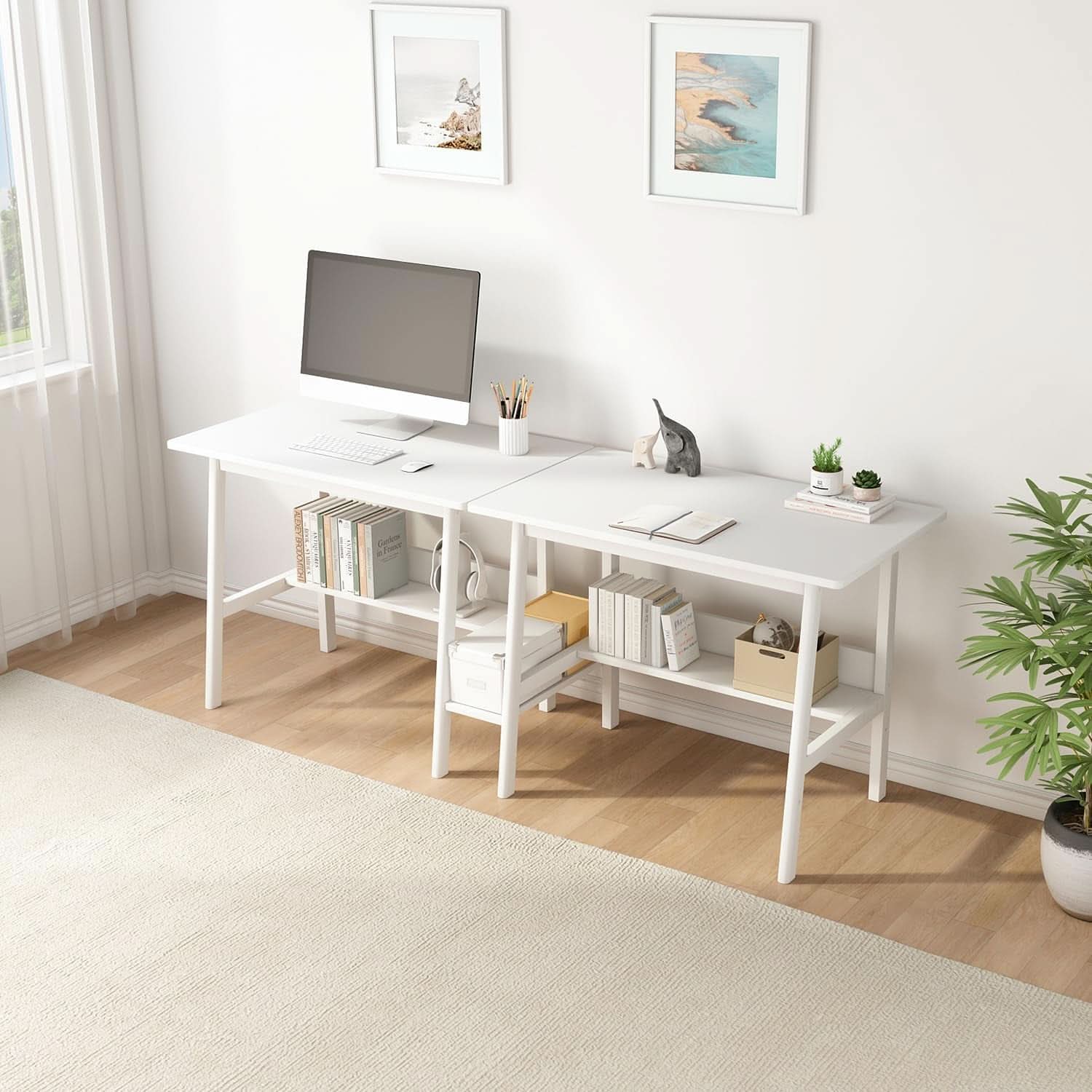 Two Person Desk With BuiltIn Bookshelf 79Inch White