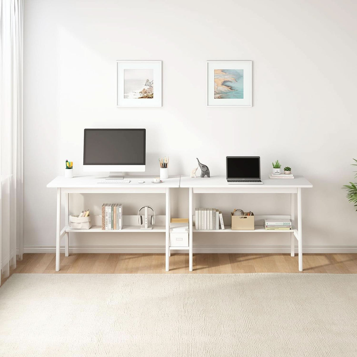 Two Person Desk With BuiltIn Bookshelf 79Inch White