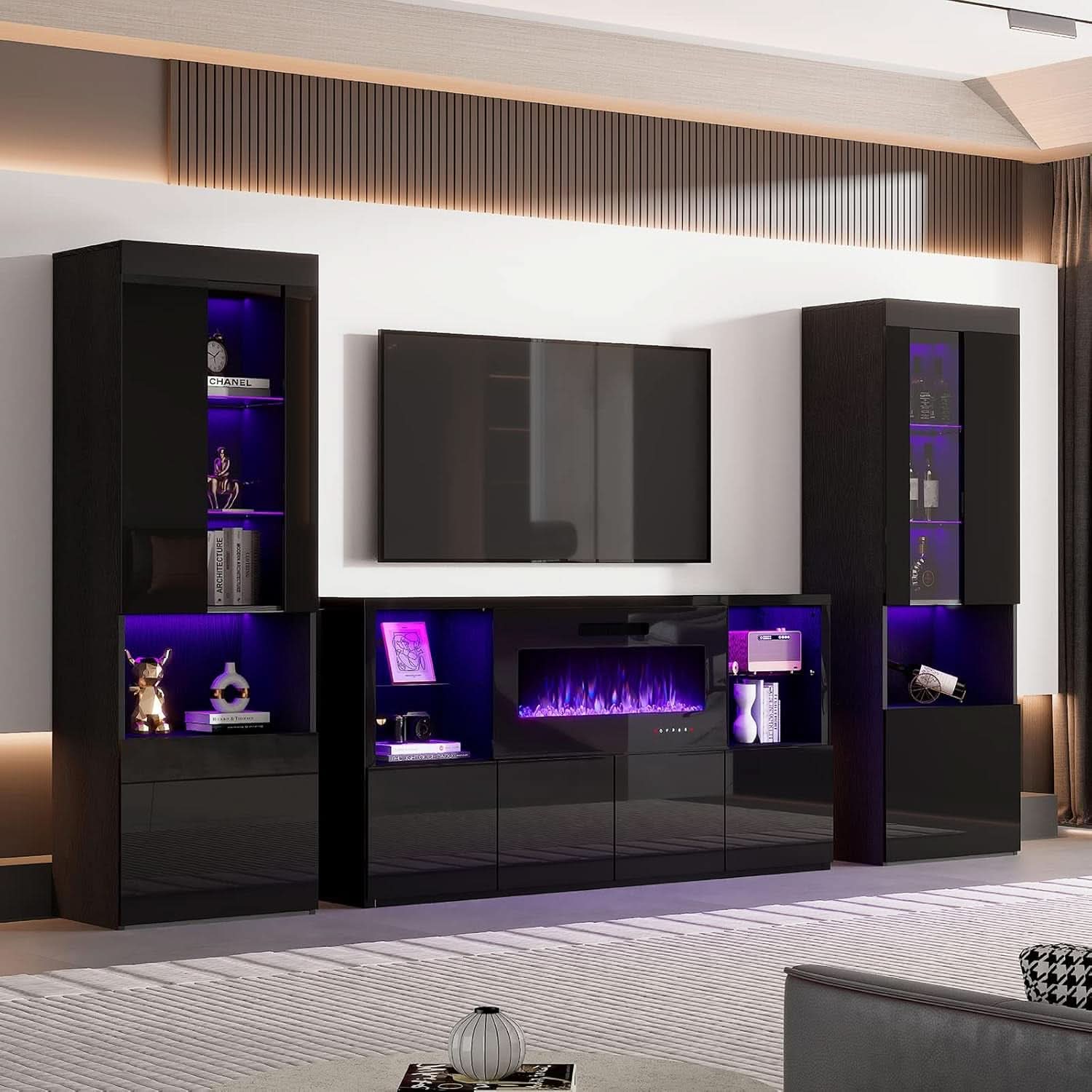 Two Piece 71 Inch Tall Bookcase Storage Cabinet With Glass Doors Set Of Two For Living Room And Office
