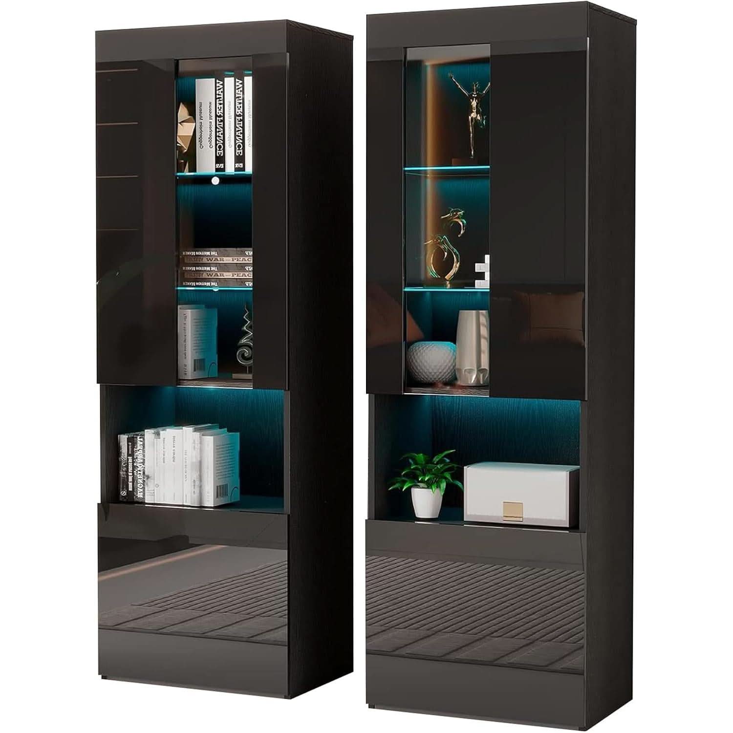 Two Piece 71 Inch Tall Bookcase Storage Cabinet With Glass Doors Set Of Two For Living Room And Office