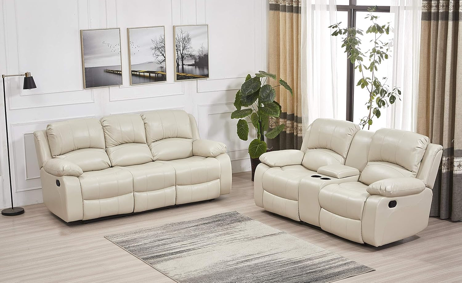 Two Piece Bonded Leather Recliner Sofa And Loveseat Set In Beige For Living Room Convenience And Comfort