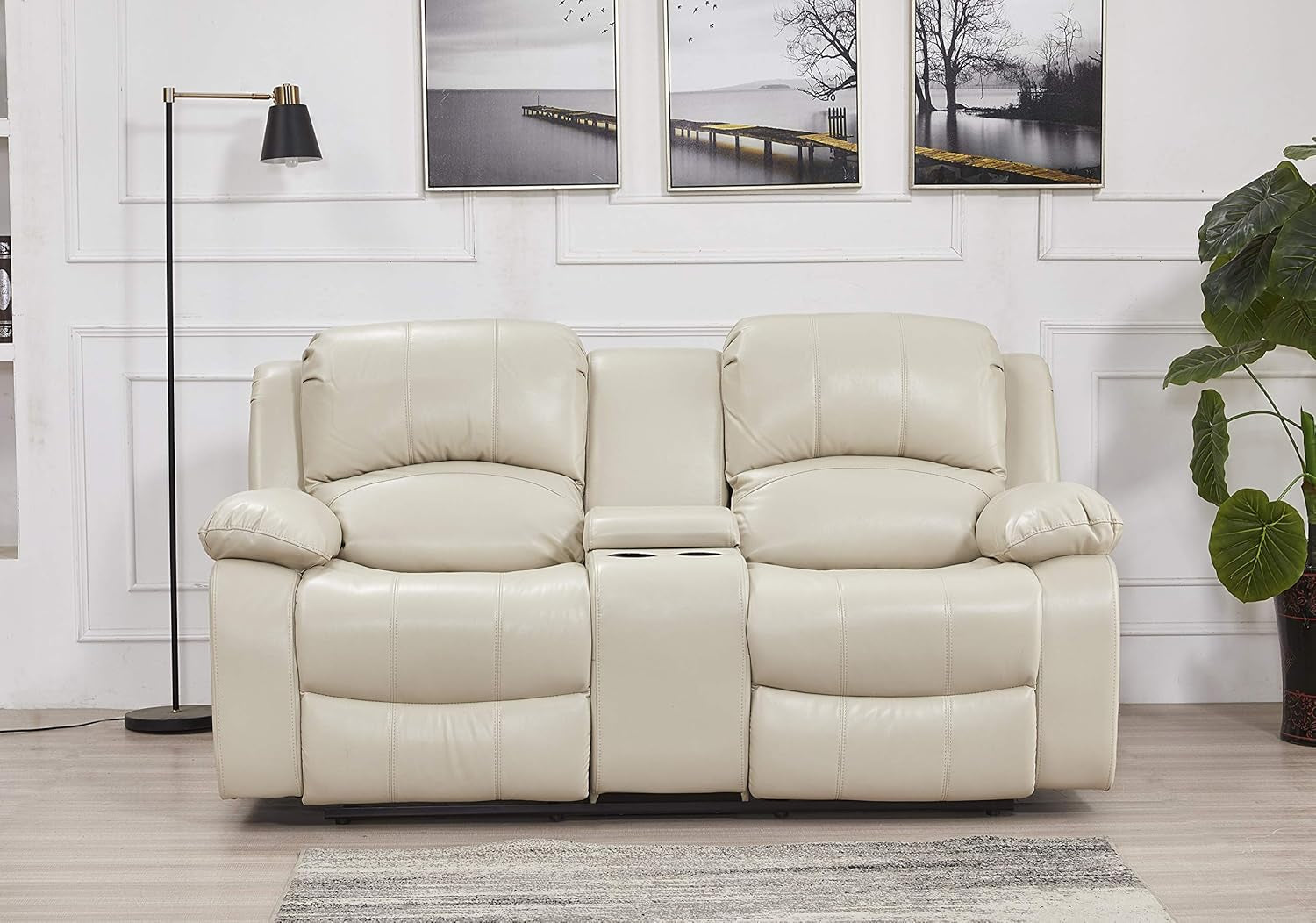 Two Piece Bonded Leather Recliner Sofa And Loveseat Set In Beige For Living Room Convenience And Comfort