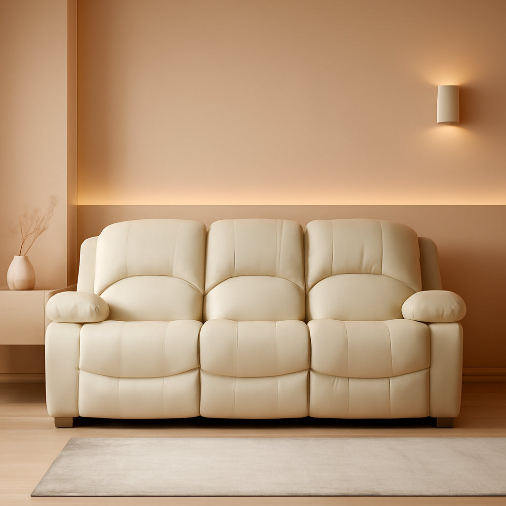 Two Piece Bonded Leather Recliner Sofa And Loveseat Set In Beige For Living Room Convenience And Comfort