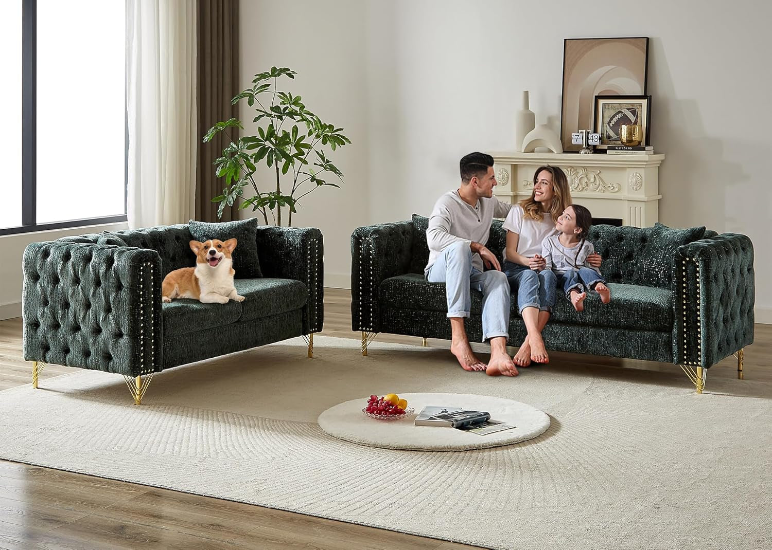 Two Piece Chenille Sofa And Loveseat Set With Button Tufting Green Mid Century Modern