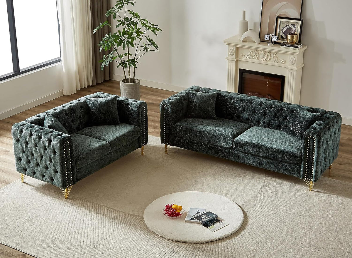 Two Piece Chenille Sofa And Loveseat Set With Button Tufting Green Mid Century Modern