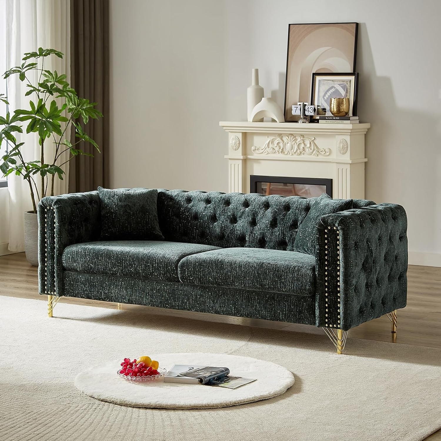 Two Piece Chenille Sofa And Loveseat Set With Button Tufting Green Mid Century Modern