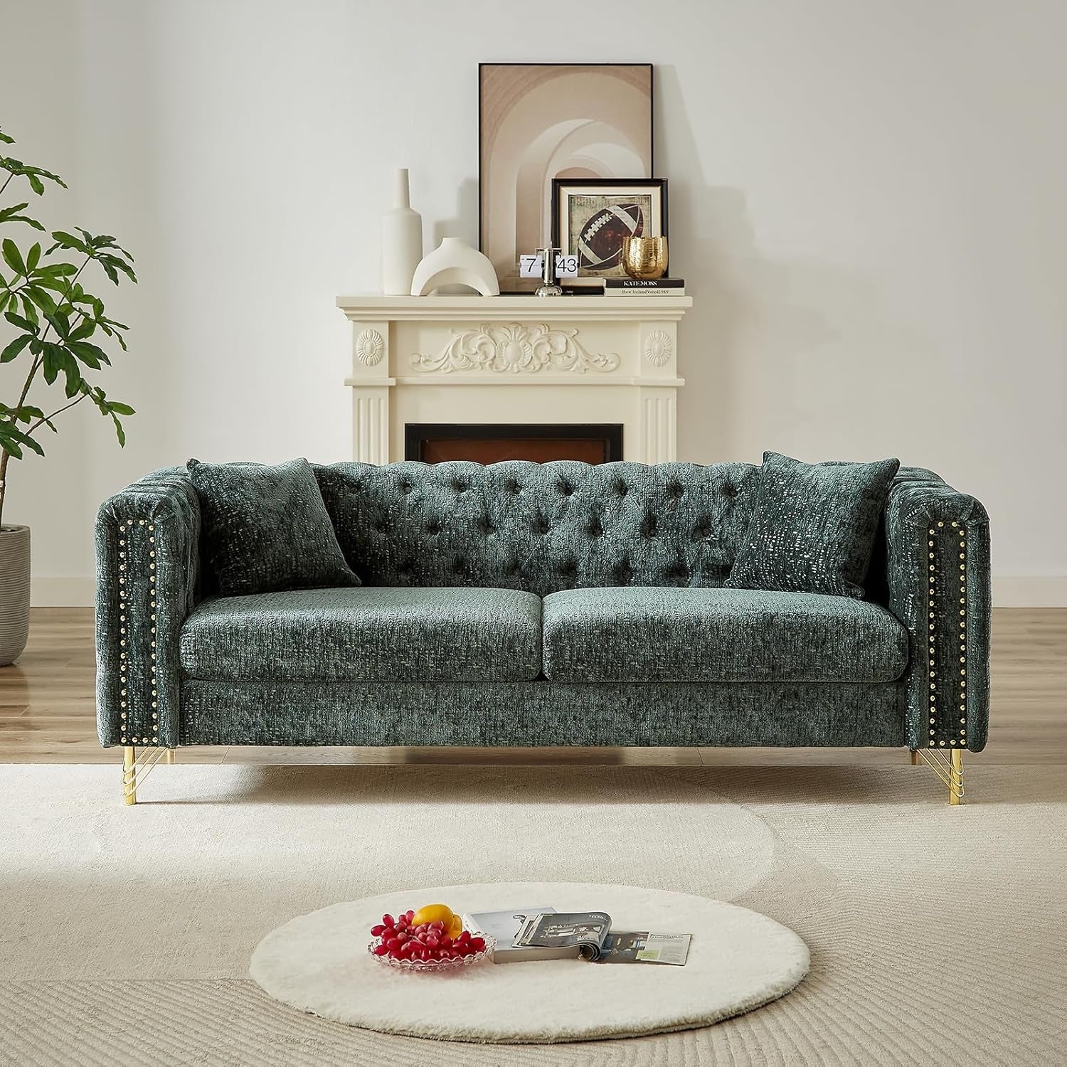 Two Piece Chenille Sofa And Loveseat Set With Button Tufting Green Mid Century Modern