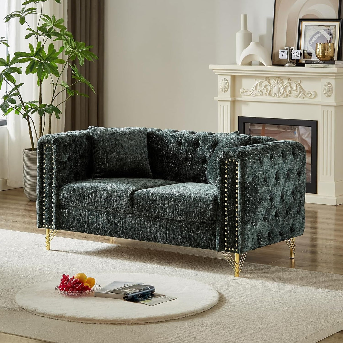 Two Piece Chenille Sofa And Loveseat Set With Button Tufting Green Mid Century Modern