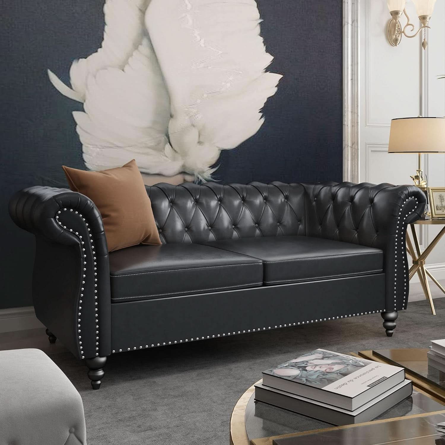 Two Piece Chesterfield Leather Living Room Set With Black Leather Loveseat And Chair