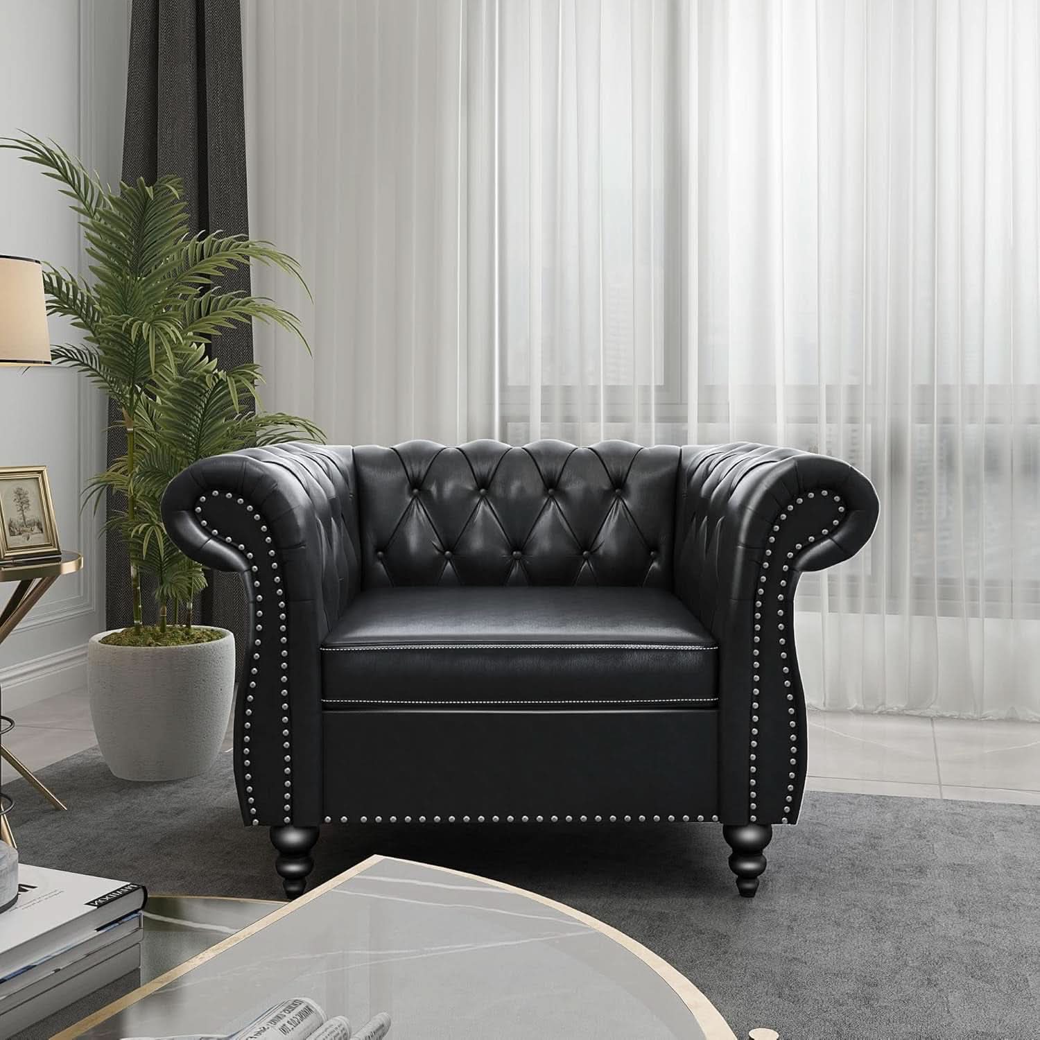 Two Piece Chesterfield Leather Living Room Set With Black Leather Loveseat And Chair