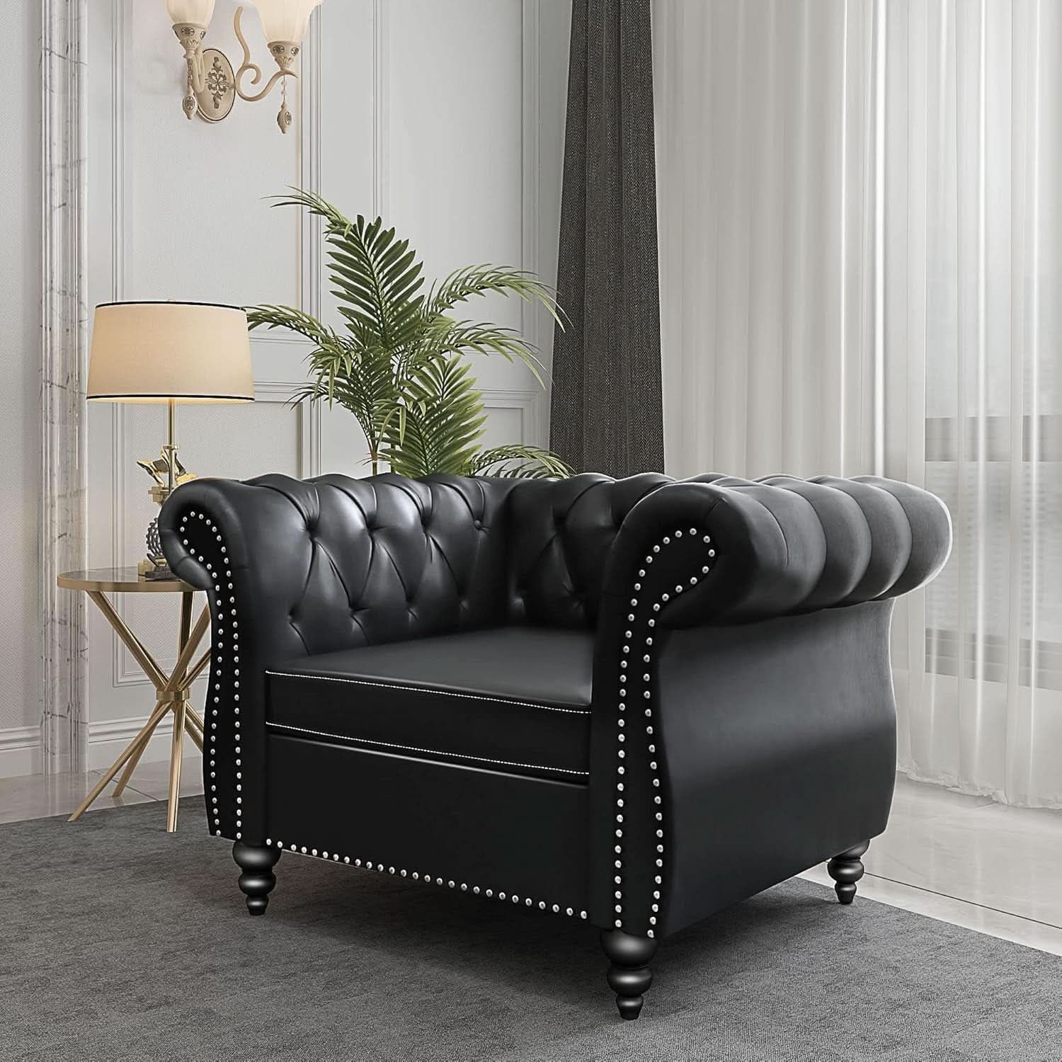 Two Piece Chesterfield Leather Living Room Set With Black Leather Loveseat And Chair