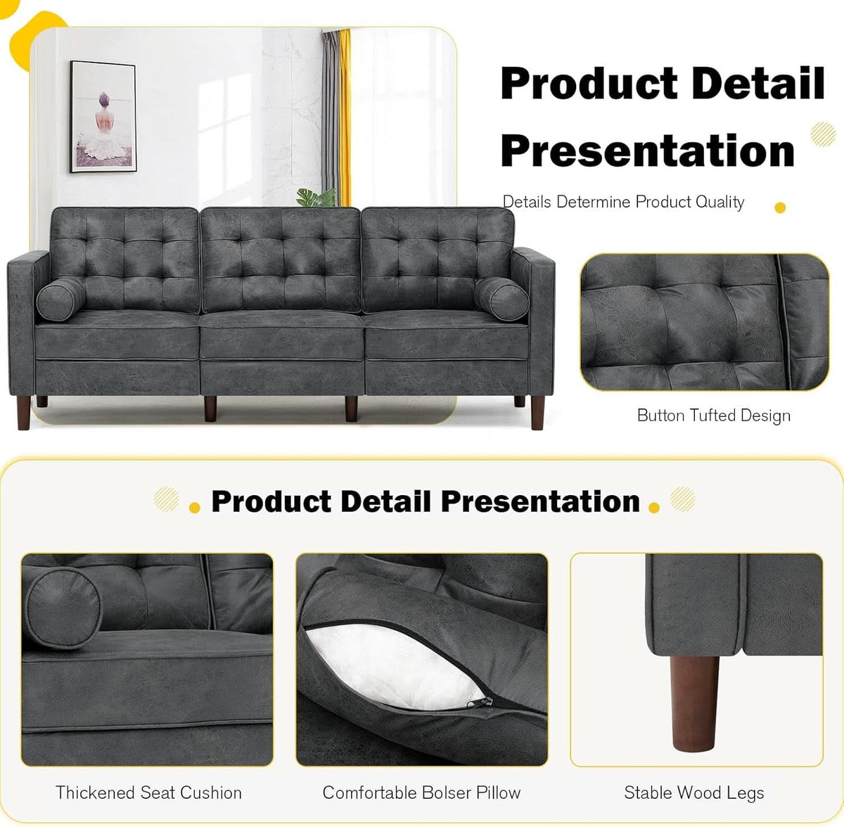 Two Piece Faux Leather Sofa Set With Tufted 3 Seat Sofa And Loveseat In Grey Bolster Pillows Included